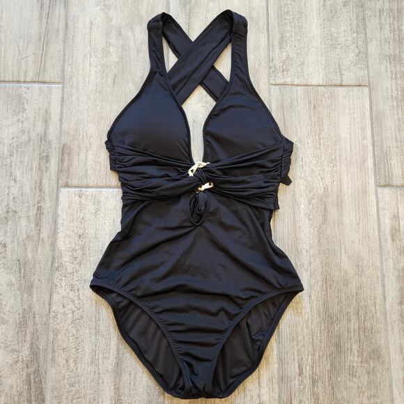Trina Turk Other - Trina Turk Swimsuit Women Size 4 Black Plunge One Piece Gold Medallion Open Back